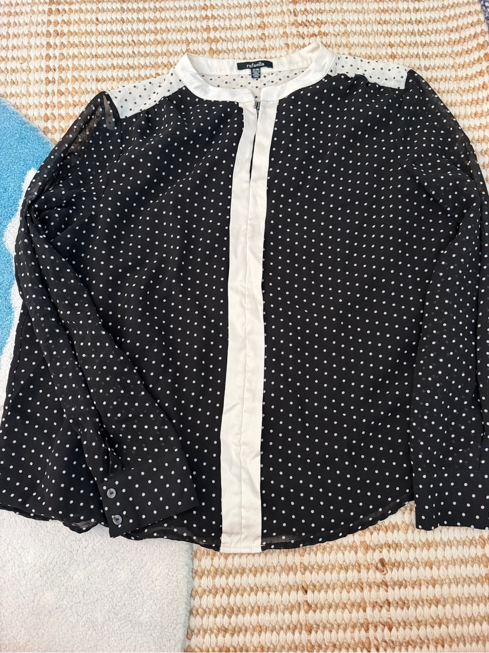Rafaella Black Polka Dot Blouse with Cream Trim Extra Large